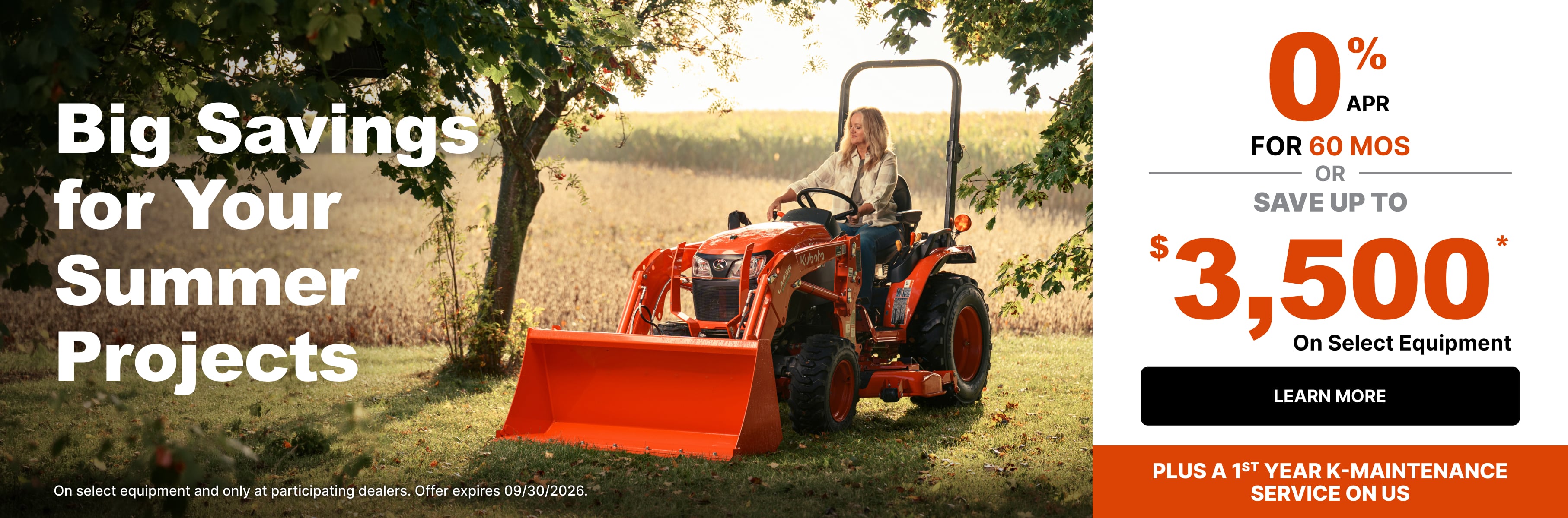 Kubota B2601 compact tractor with front loader parked in a grassy field beneath trees. Promotional banner highlights 0% APR financing for 60 months or savings up to $3,500 on select equipment, plus one year of K-Maintenance service included.