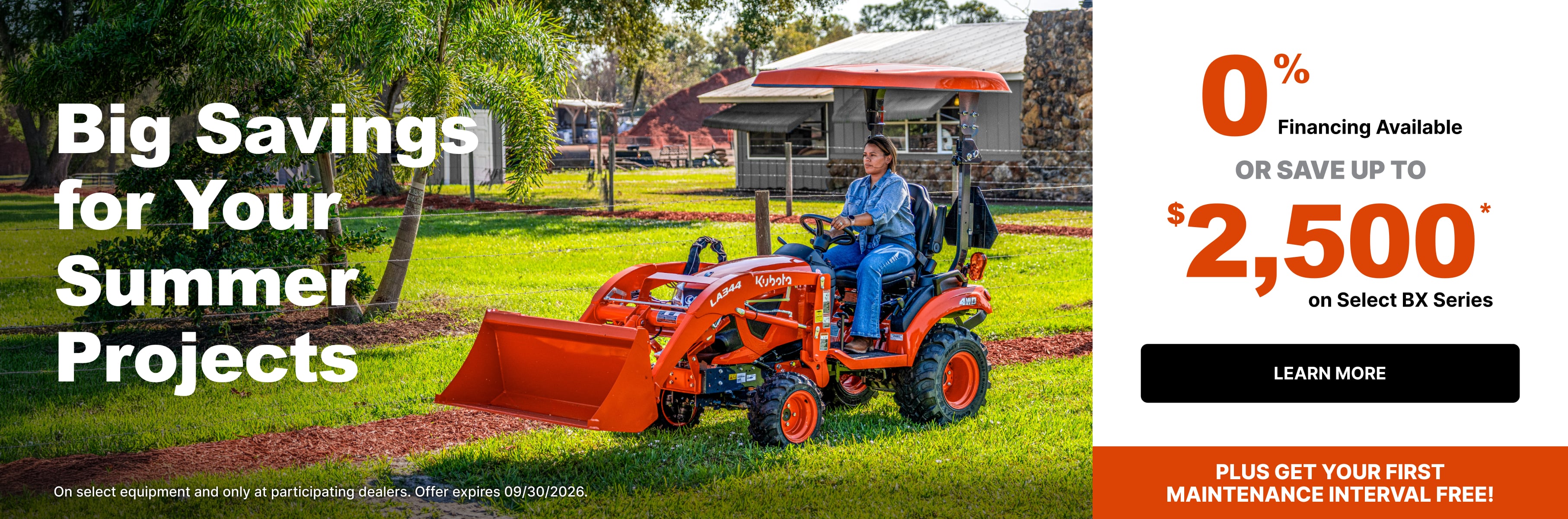 Kubota BX2380 sub-compact tractor with front loader operating on a landscaped property. Promotional banner highlights 0% financing available or savings up to $2,500 on select BX Series equipment, plus the first maintenance interval free.